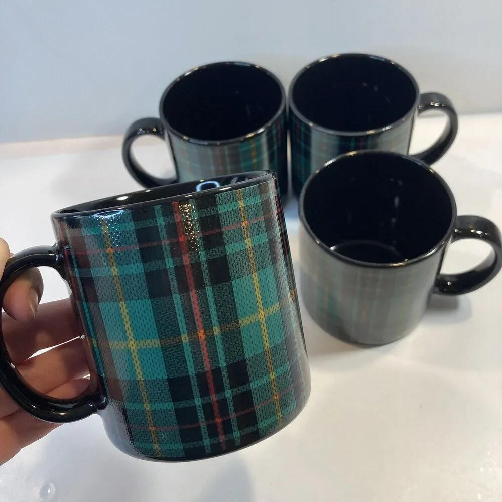 4 Pier 1 Mugs Tartan Plaid Green Black EUC Coffee Tea Mug Stoneware Japan 12oz